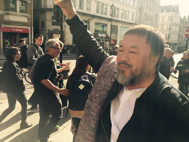Kapoor (background) with Ai Weiwei (foreground) during their 2015 refugee walk through London