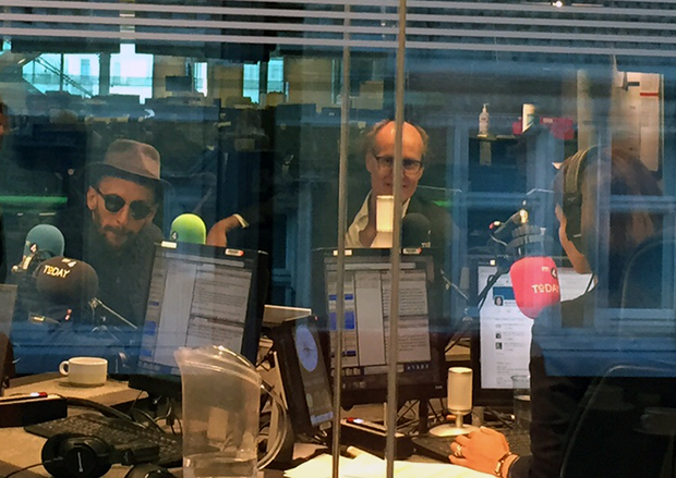 JR (left) and Will Gompertz (centre) and Mishal Husain in the studio of BBC Radio 4's Today programme, 14 October 2015