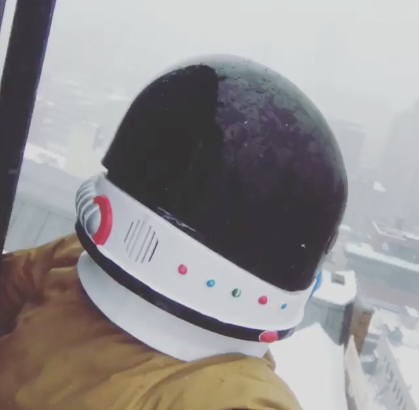 JR dons a toy helmet to take on Winter Storm Stella. Image courtesy of JR's Instagram