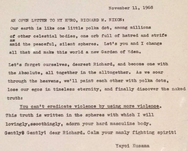 Yayoi Kusama's 1968 letter to Richard Nixon