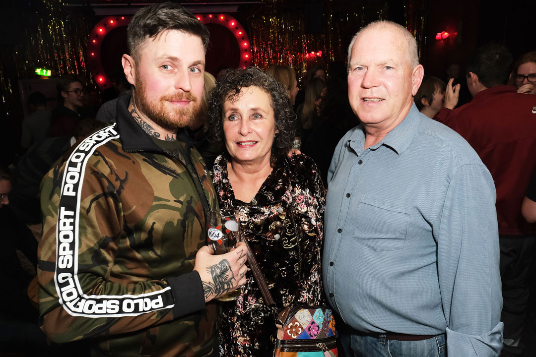 Lee Tiernan with his parents Moira and Patrick Tiernan at the Black Axe Mangal launch party at the Bethnal Green Working Men's Club, London 