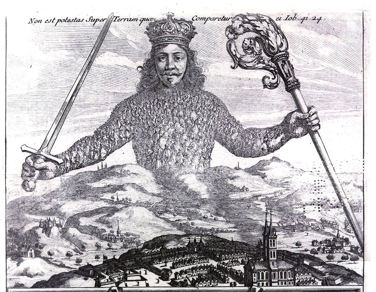 Detail from the frontispiece for Leviathan (1651) by Thomas Hobbes, etching by Abraham Bosse.
As reproduced in Body of Art