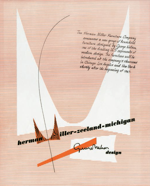 Herman Miller advertisement featuring inaugural appearance of the M trademark, designed by Irving Harper, 1946. As reproduced in Herman Miller: A Way of Living
