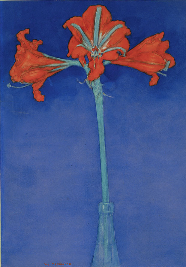 Red Amaryllis with Blue Background (c.1907) by Piet Mondrian. From Plant: Exploring the Botanical World