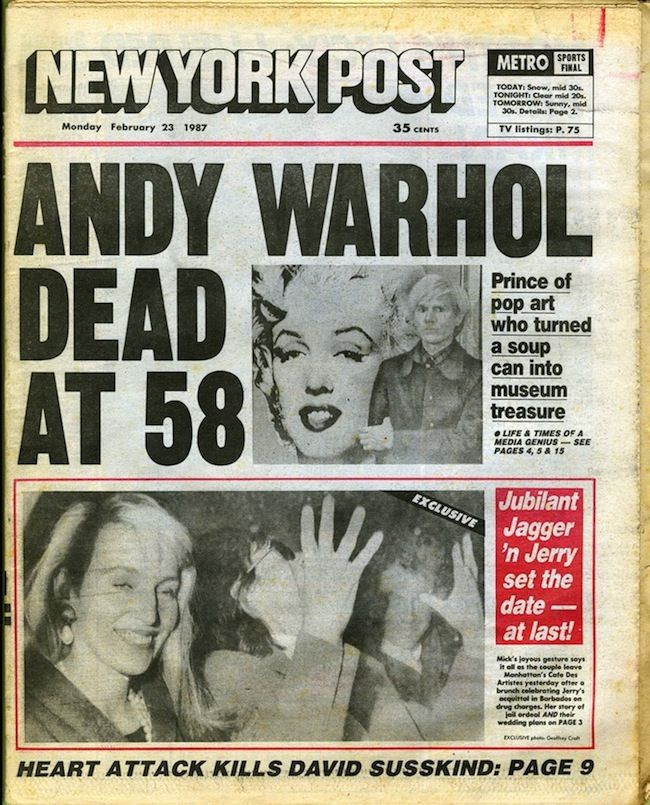 The New York Post's front page on the day following Warhol's Death