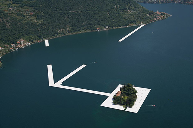 Aerial photograph of Christo and Jeanne-Claude's The Floating Piers, Project for Lake Iseo, Italy, 2016. Image courtesy of the artist's Twitter