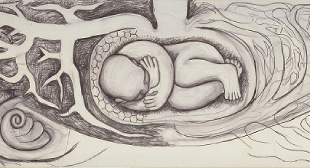 Detail from Infant in the Bulb of a Plant (Detroit Industry east wall), 1932, by Diego Rivera 