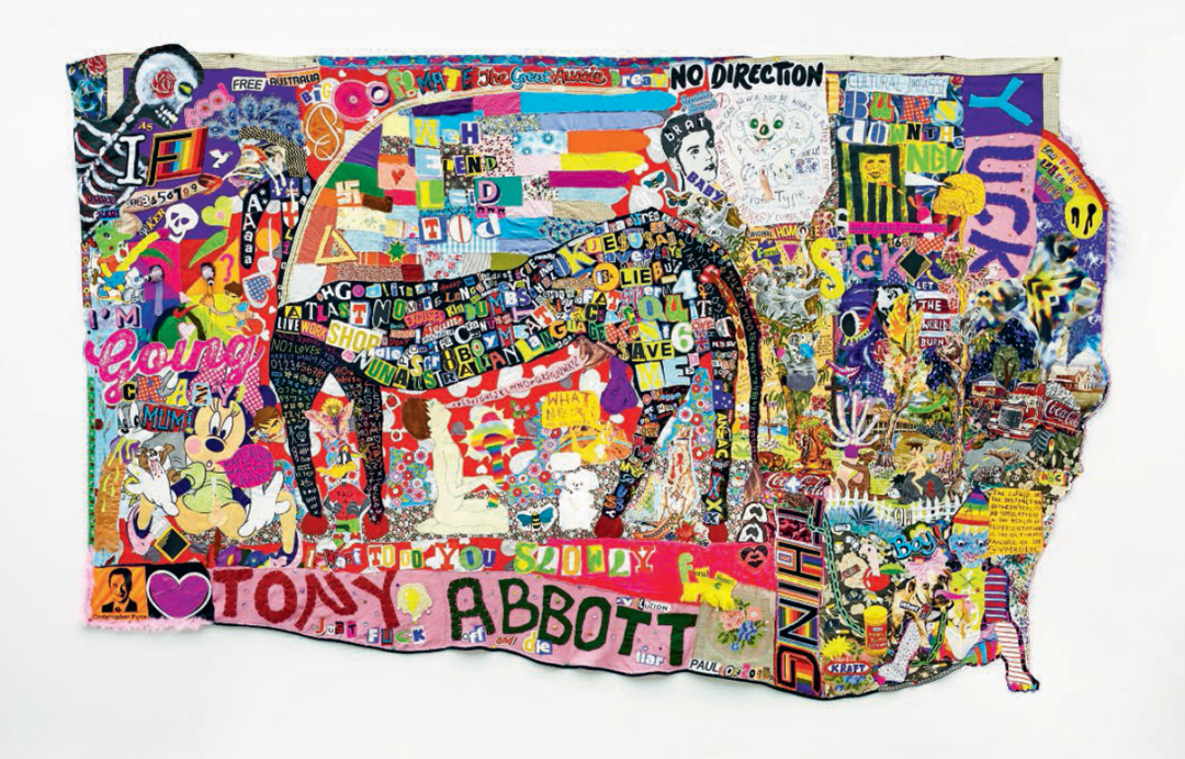 What A Horrid Fucking Mess, 2016 - Paul Yore - Mixed-media appliqué; found fabric, found objects, beads, buttons, sequins, felt, wool, cotton thread, synthetic fur, feather boa, acrylic paint and marker