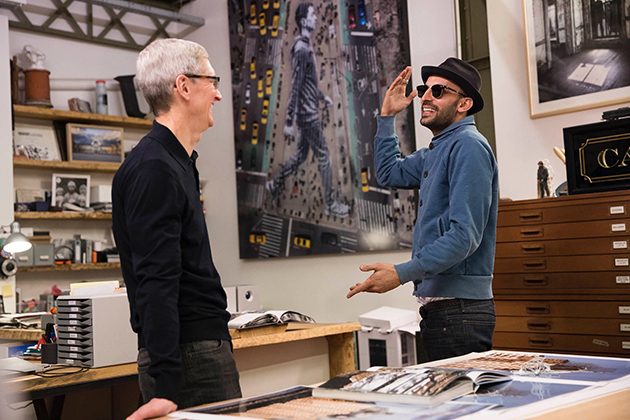 Tim Cook and JR at JR's studio in Paris. Image courtesy of Tim Cook's Twitter account