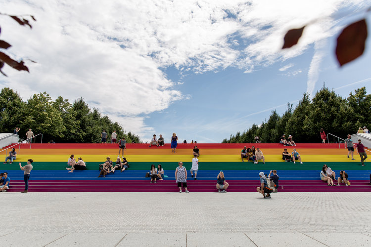 The Pride flag on the steps at the Four Freedoms Park in New York. Photograph by Cory Antiel